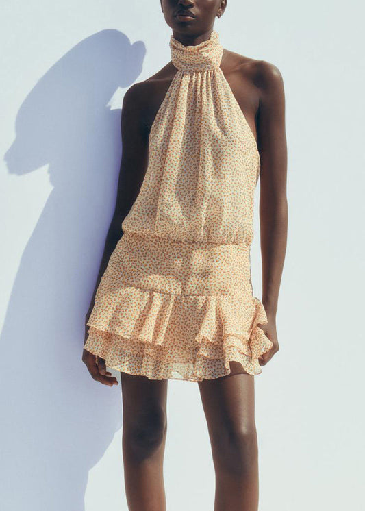 Yellow Backless Print Ruffled Chiffon Dresses Sleeveless