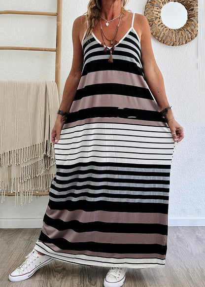 V Neck Striped Pockets Maxi Spaghetti Strap Dress Summer