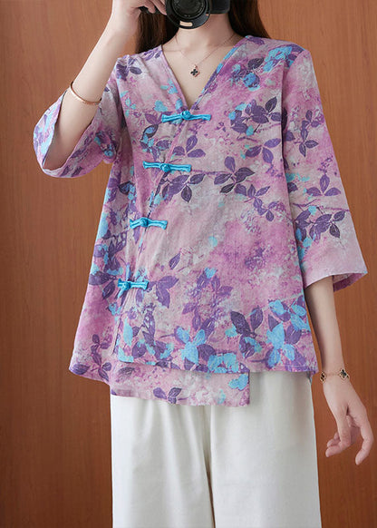Purple V Neck Button Print Blouse Tops Half Sleeve