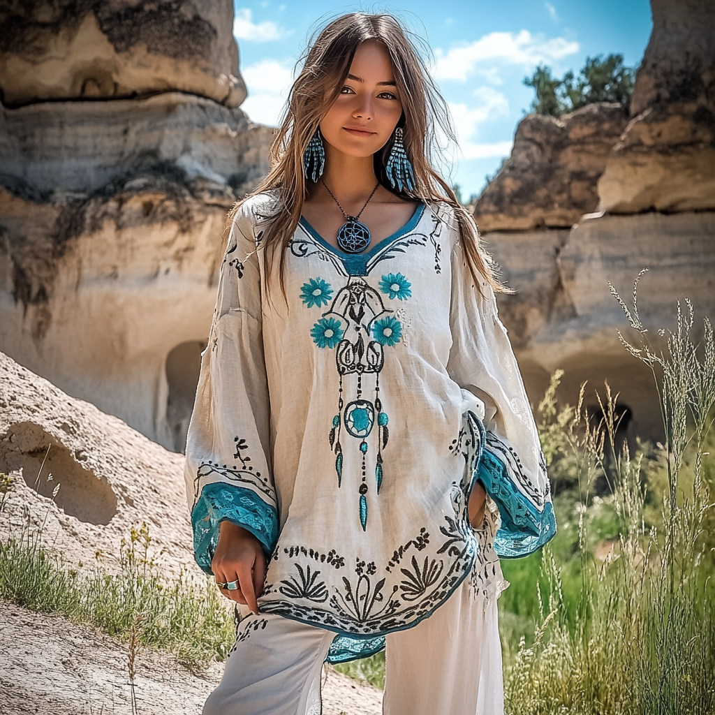 Vintage Tribal Dreamcatcher Tassel Embroidered Linen Tunic Shirt elevenforest