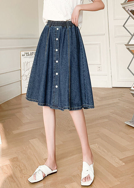 Natural Navy Elastic Waist Button Cotton Denim Skirts Cozy
