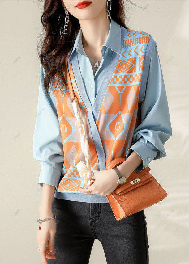 Unique Blue Peterpan Collar Print Vest Tops
