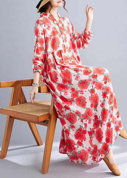 Red Oversized Print Cotton Holiday Dresses Spring
