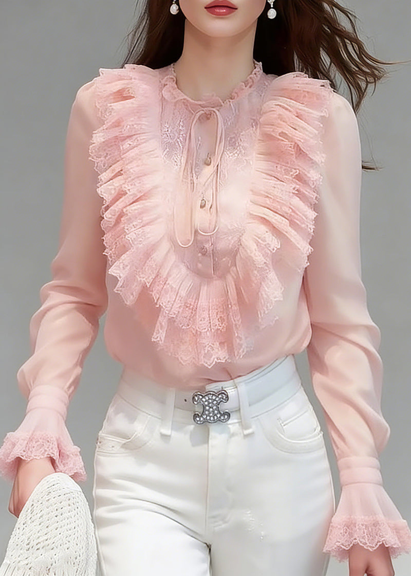 Pink Ruffled Patchwork Button Silk Shirts Flare Sleeve