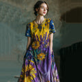 Lavender Starry Sky Oil Painting Print Linen Maxi Dress elevenforest