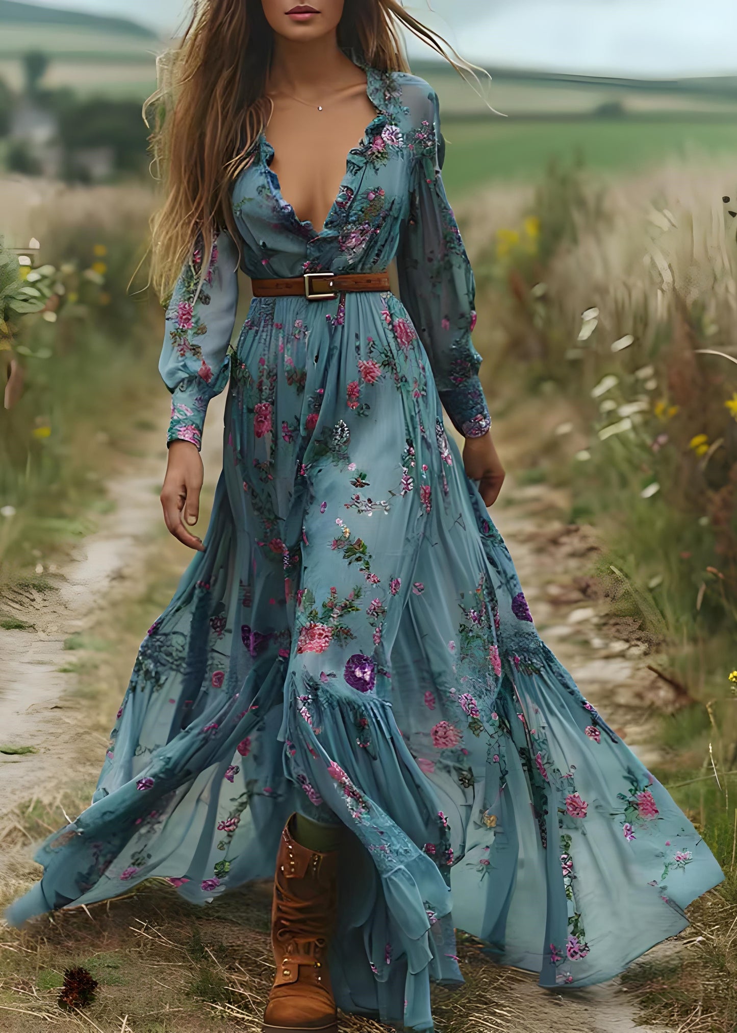 Blue Ruffled Print Patchwork Chiffon Long Dress Spring