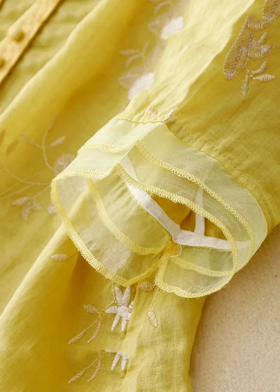 Yellow Stand Collar Embroidered Patchwork Cotton Shirts Bracelet Sleeve