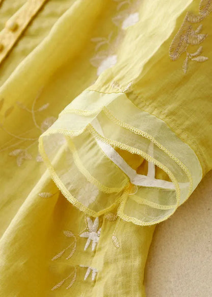Yellow Stand Collar Embroidered Patchwork Cotton Shirts Bracelet Sleeve