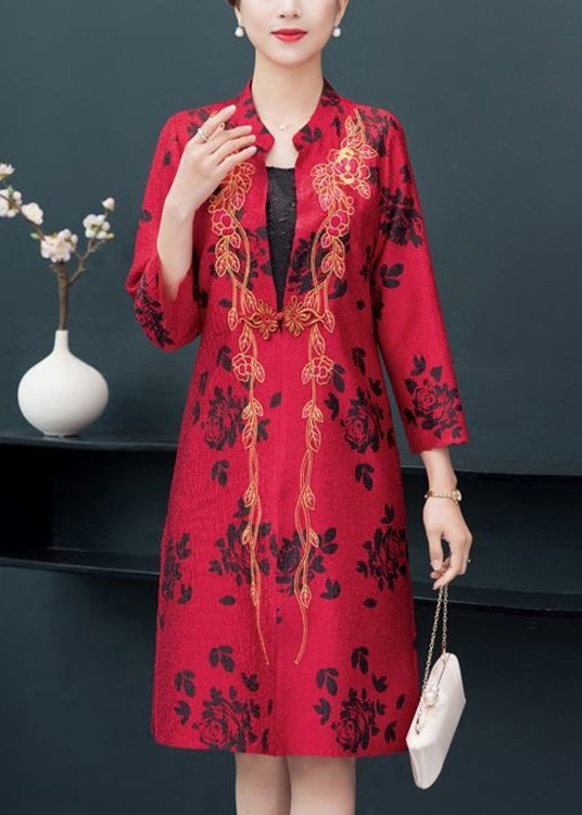 Unique Red Side Open Patchwork Thin Silk Coat Fall