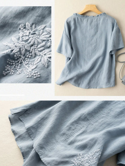 Embroidered Round Neck Short Sleeve Linen Tee Top