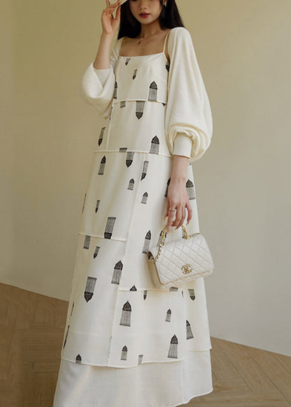 White Cold Shoulder Print Cotton Spaghetti Strap Dress Sleeveless
