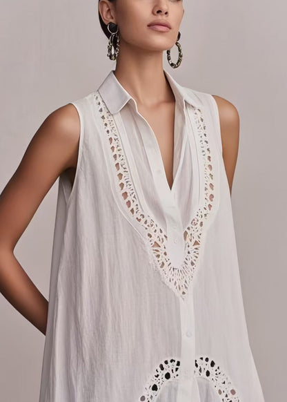 White Hollow Out Cotton Long Vest Sleeveless