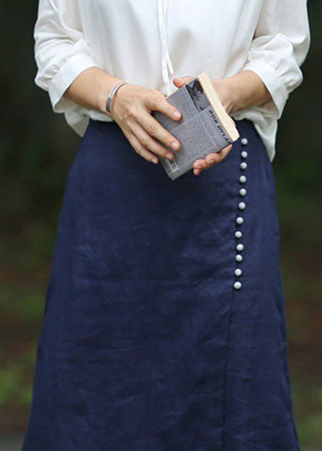 Blue a Line Skirts Button Asymmetrical Design Elastic Waist Spring