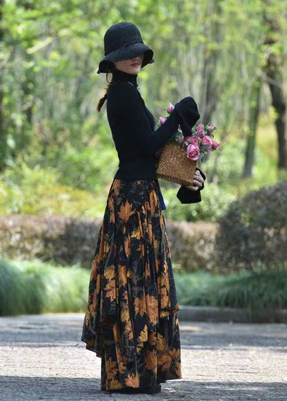 Print Elastic Waist Asymmetrical Cotton Skirts Spring