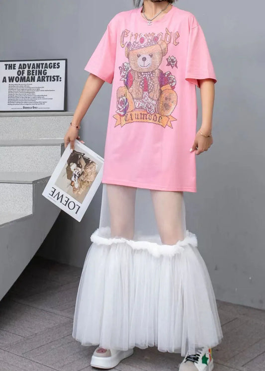 New Pink O-neck Print Cotton T Shirt Tops and Tulle Skirts Two Pieces Set Summer