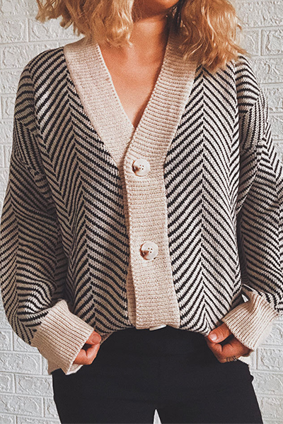 Striped Split Joint Buckle V Neck Outerwear Sweater