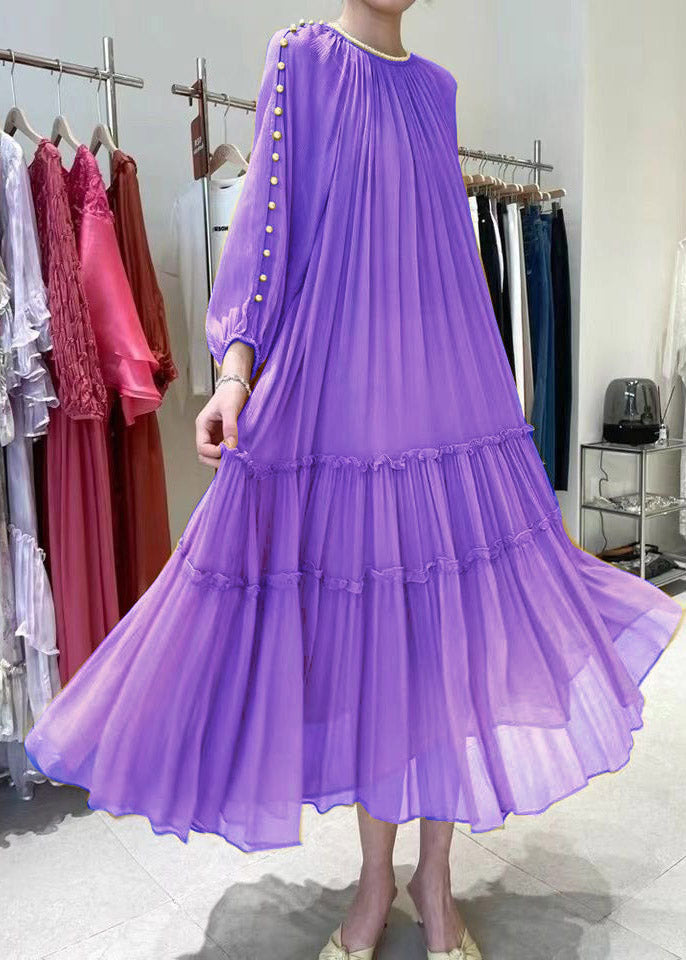 Diy Yellow O-neck Nail Bead Ruffled Silk Dress Long Sleeve