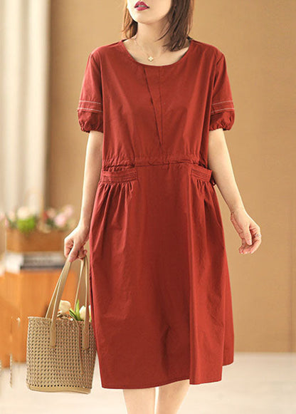 Red O-neck Drawstring Cotton Holiday Dress Short Sleeve