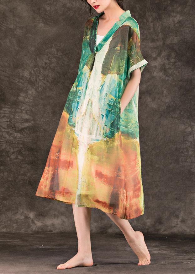 Green Print Linen Clothes for V Neck Patchwork Maxi Summer Dresses