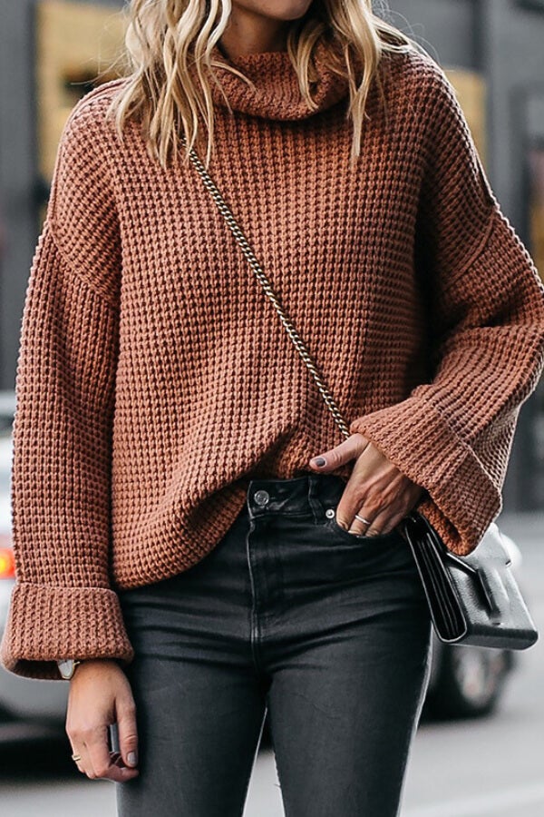 Color High Neck Loose Knit Sweater