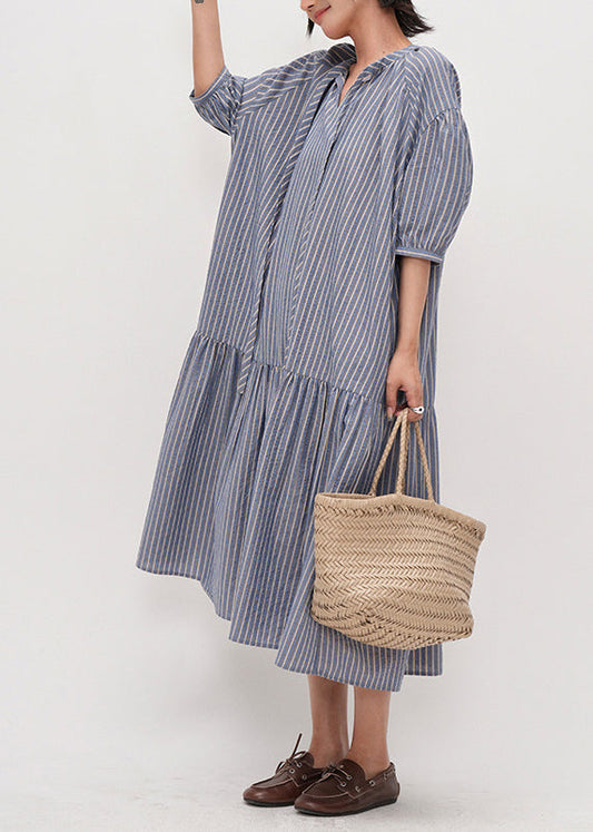Diy Blue Striped Patchwork Cotton Long Dress Half Sleeve