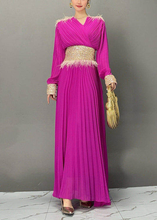 Purple V Neck Long Dresses Lantern Sleeve