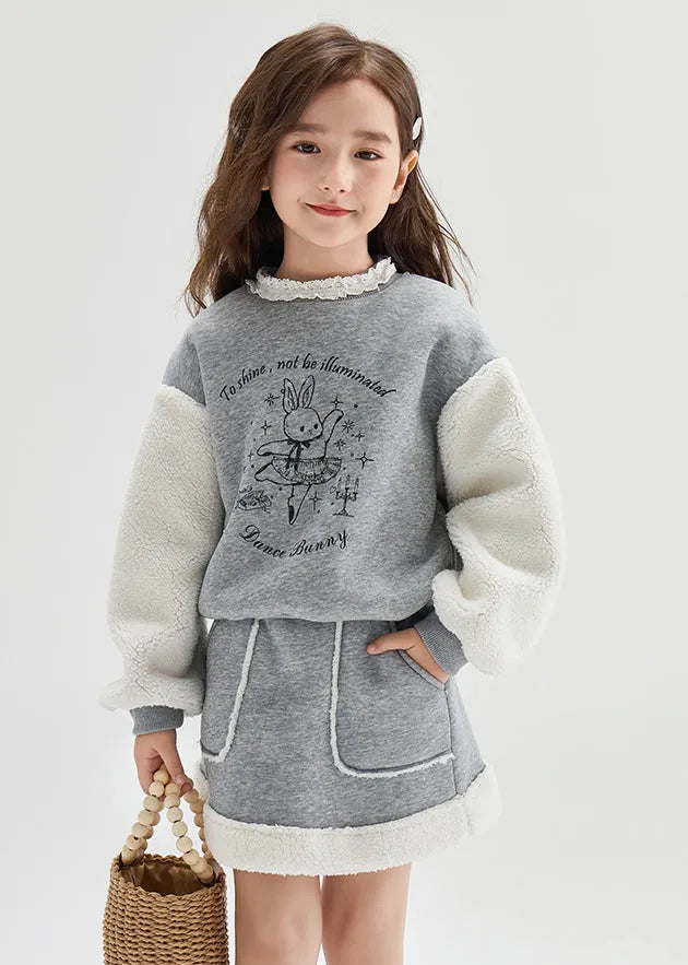 Grey O-neck Print Patchwork Warm Sweatshirt and Skirts Two Pieces Set Winter