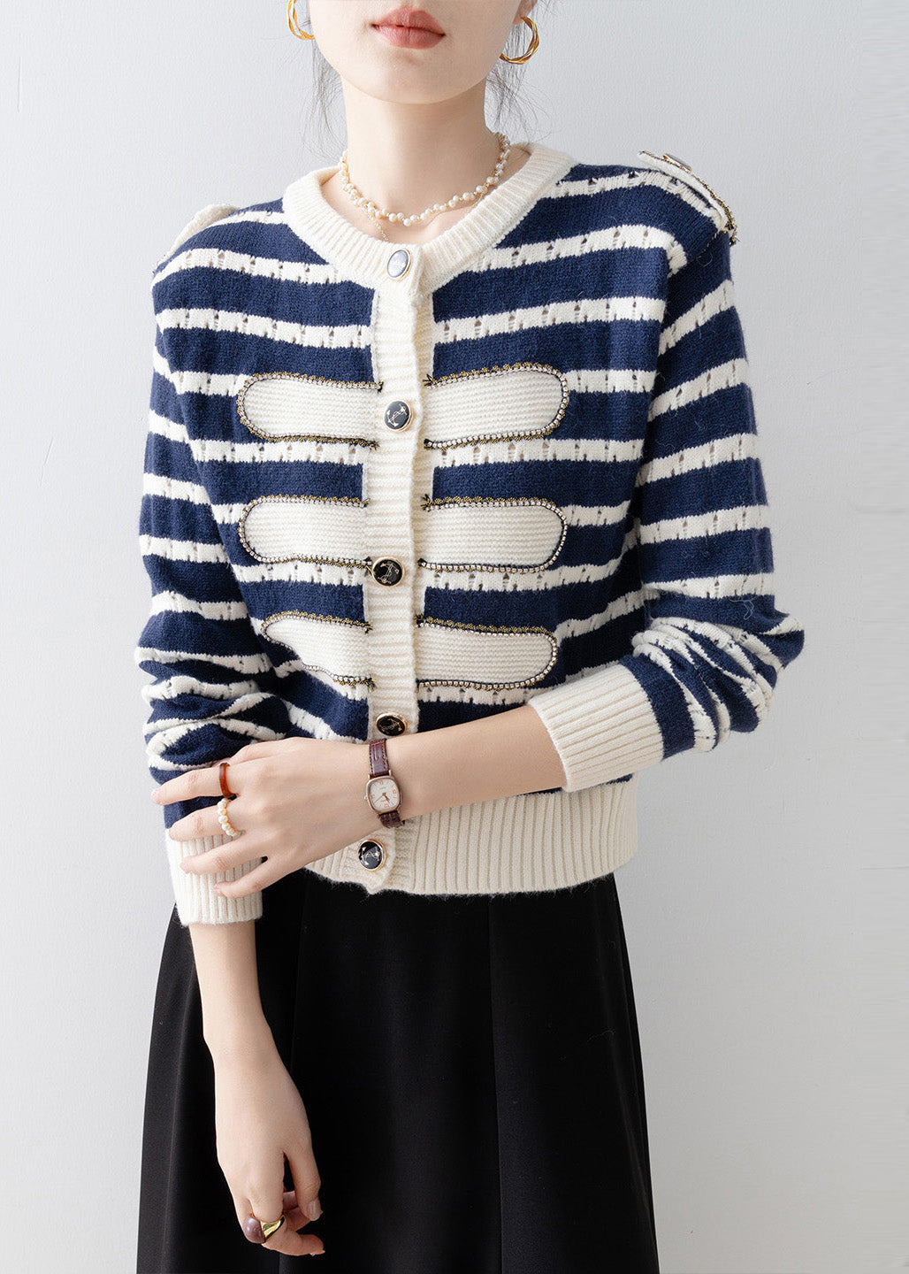Navy O-neck Striped Knit Cardigan Spring