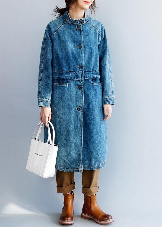 Light Blue Fine Tunic Coat Tunic Tops Stand Collar Patchwork Coat