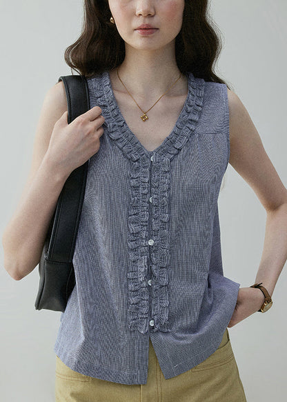 Art Blue Ruffled Button Wear on Both Sides Cotton Blouses Sleeveless