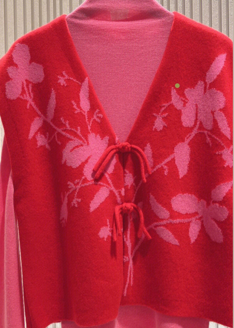 Loose Red Button Patchwork Tops and Waistcoat Knit Two Pieces Set Fall