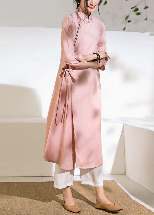 Pink Long Shirts Stand Collar Tie Waist Robe Summer Dresses