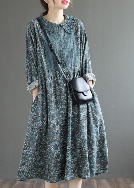 Blue Button Print Fall Dress Long Sleeve