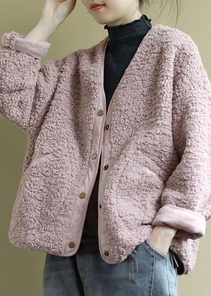 Pink Pockets Button Fall Winter Thick Coats Faux Fur