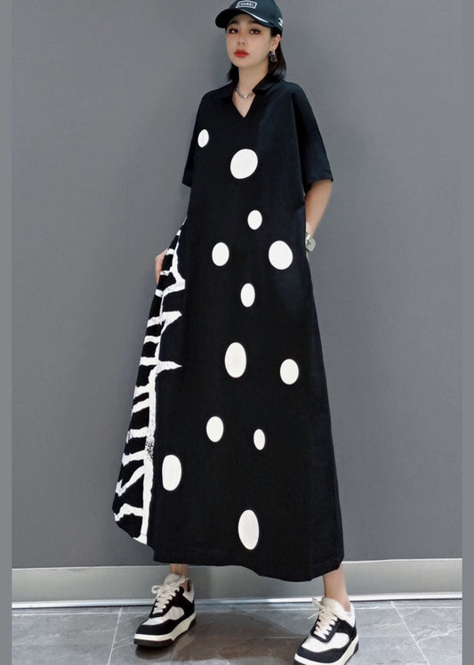 Black V Neck Dot a Line Skirts Half Sleeve