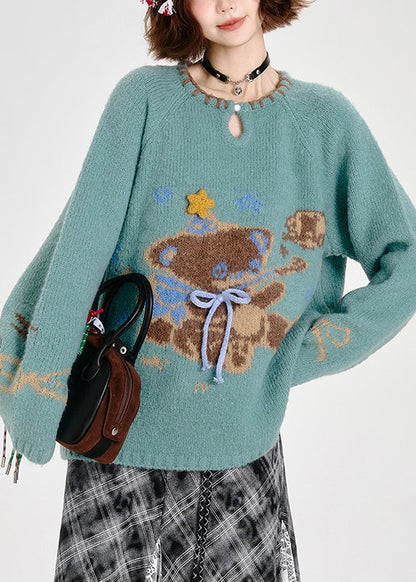 Fitted Blue Oversized Bear Knit Sweater Tops Winter