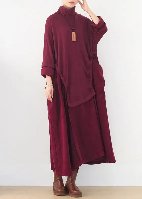 Long Sleeve Sweater High Neck Weather Moda Red Art Sweater Dresses