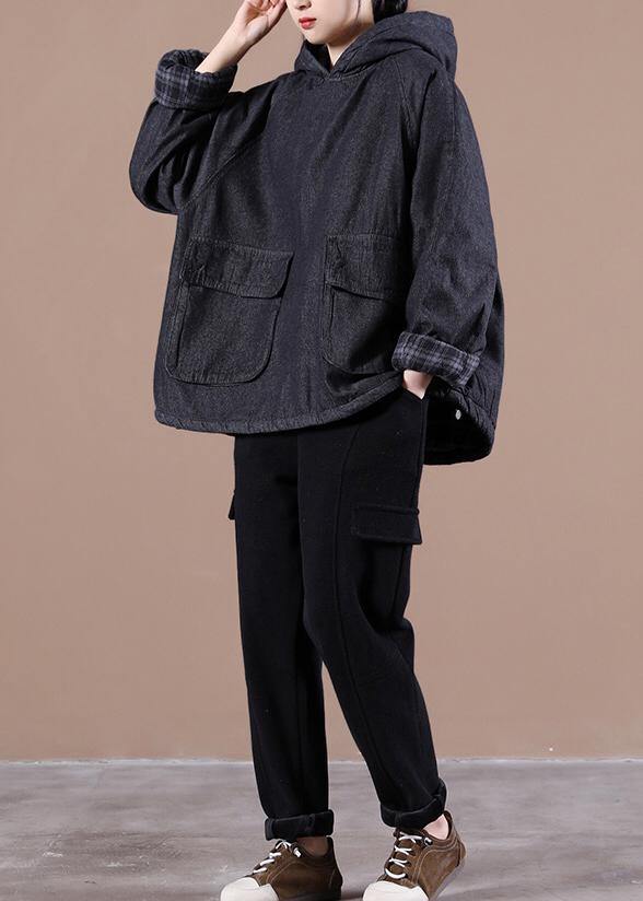 French Denim Blue Clothes for Hooded Pockets Oversized Tops