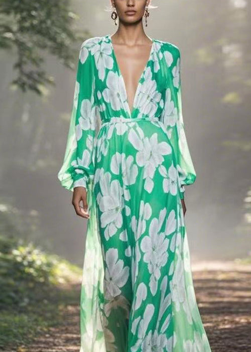 European and American Style V Neck Print Chiffon Maxi Dress Spring