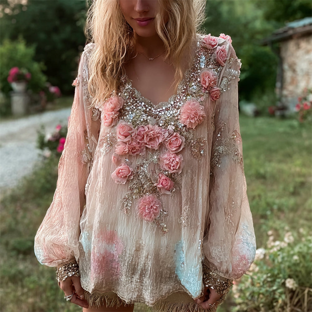 Boho Gauze Floral Sequin Embroidery Vintage Gradient Women's Flowing Long Sleeve Shirt elevenforest