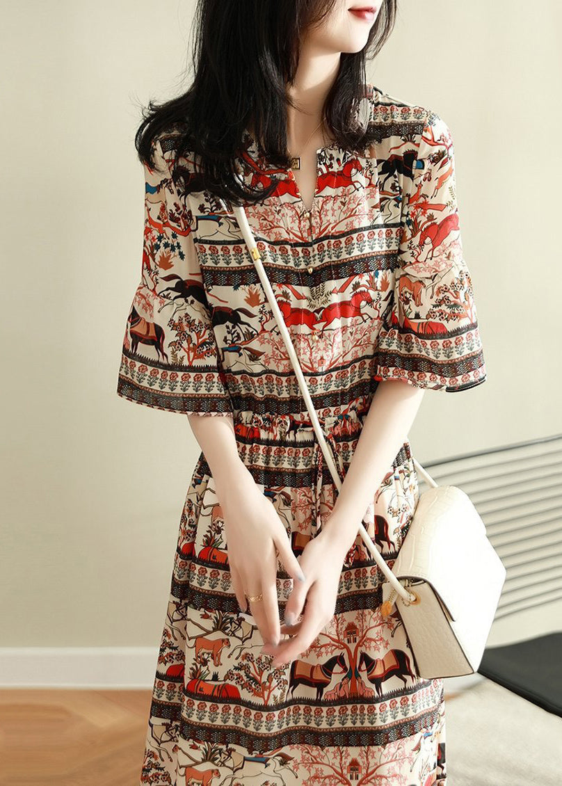V Neck Print Chiffon Dress Flare Sleeve