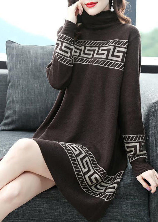 Coffee Print Long a Line Dress Turtle Neck Long Sleeve