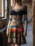 Boho Floral Crochet Colorful Striped Cozy Knit Sweater Dress elevenforest