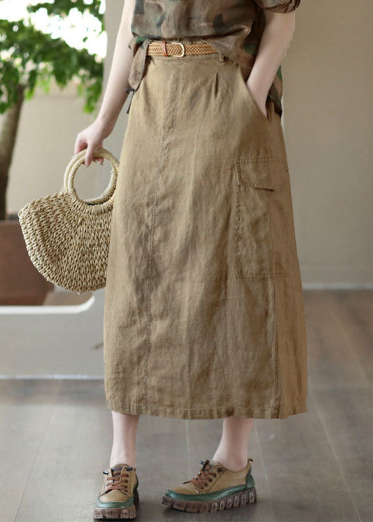 Khaki Pockets Patchwork Cotton a Line Skirts Summer