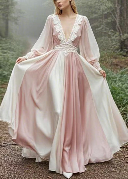 Pink V Neck High Waist Patchwork Maxi Dress Spring