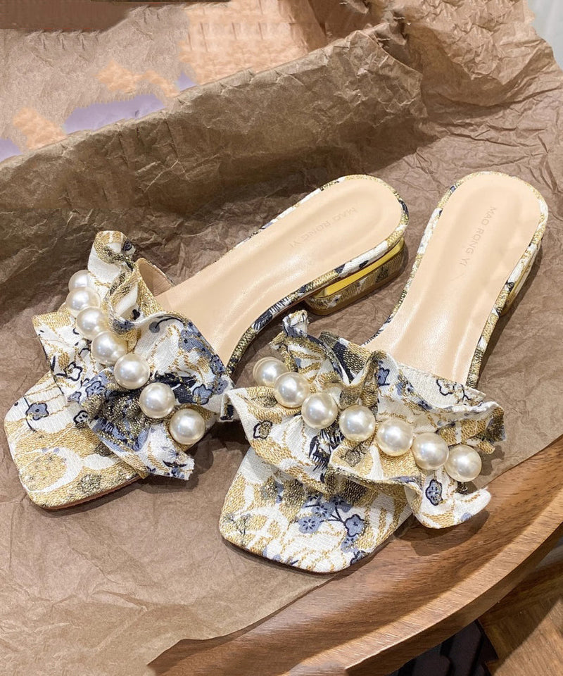 Diy Light Yellow Pearl Faux Leather Peep Toe Thong Sandals