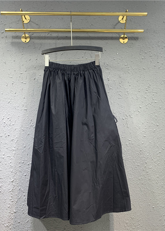 Black Cinched Pockets Elastic Waist Patchwork Cotton Skirt Fall