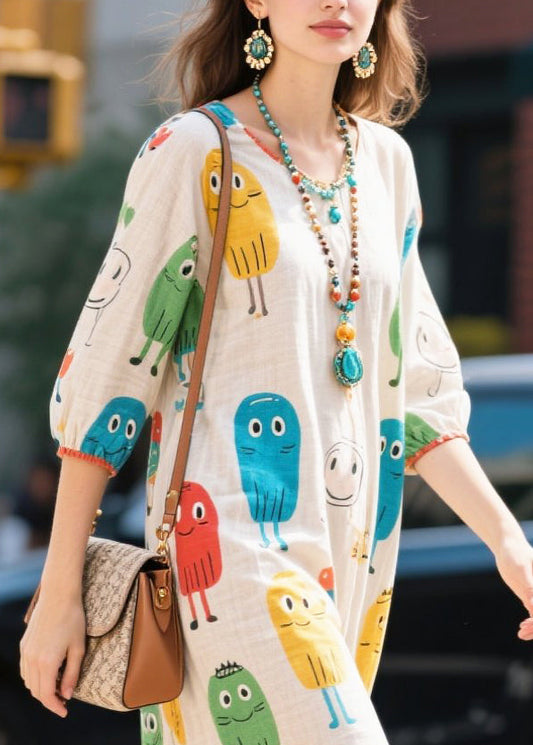 White Character Print Cotton Dress Half Sleeve