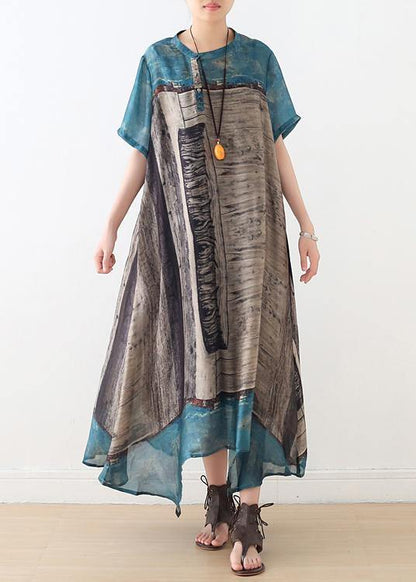 Loose Blue Gray Print Chiffon Wardrobes Korea Work O Neck Asymmetric a Line Summer Dress