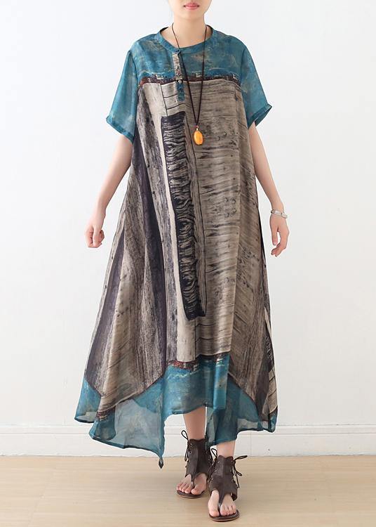 Loose Blue Gray Print Chiffon Wardrobes Korea Work O Neck Asymmetric a Line Summer Dress